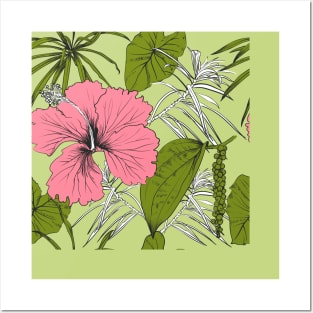 Tropical exotic flowers and leaves Posters and Art